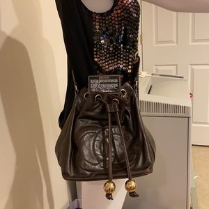 Chanel Vintage Brown Calfskin CC Chain Drawstring small Bucket Bag.